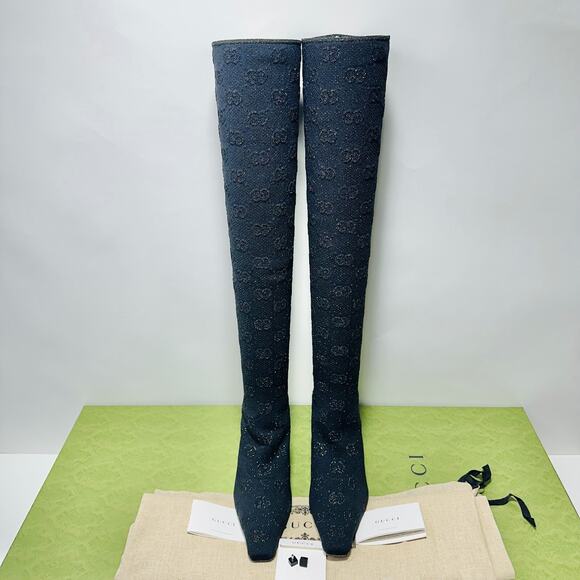 Gucci Demi 37/ US 7 Logo jacquard Metallic Stretch Knit Over The Knee Boots NIB - Picture 7 of 15